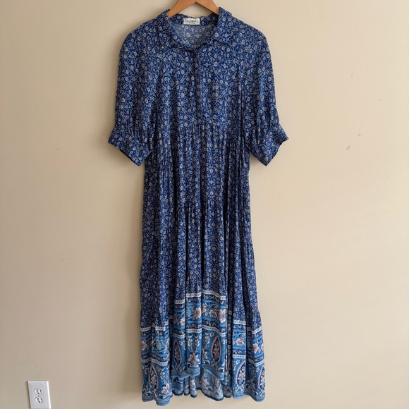 Natural Life Rebecca Blue Floral Tiered Midi Dress Blue Border Calico Print L - Picture 4 of 16